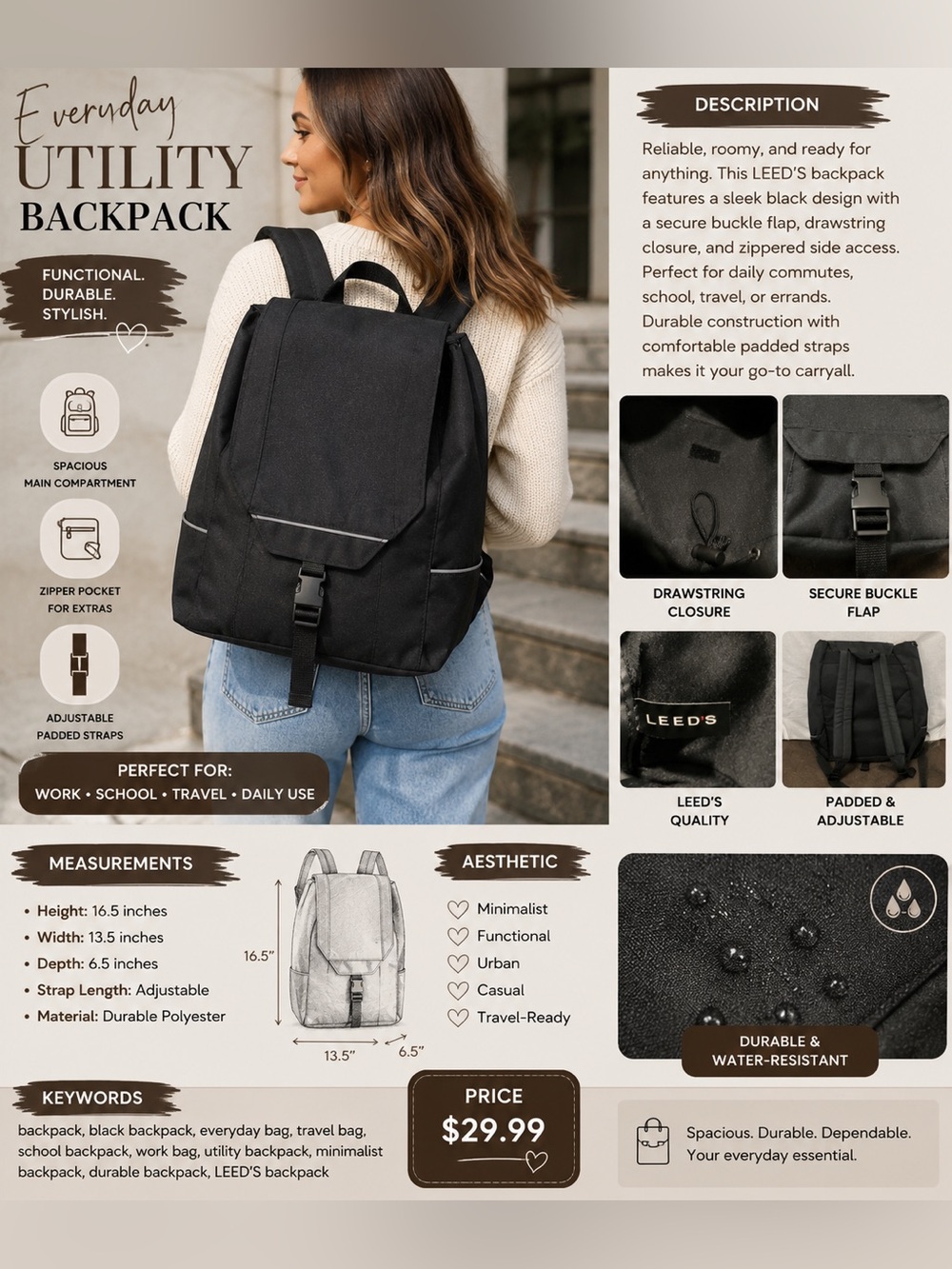 Classic Black Men's Backpack with Buckle Closure - Leeds